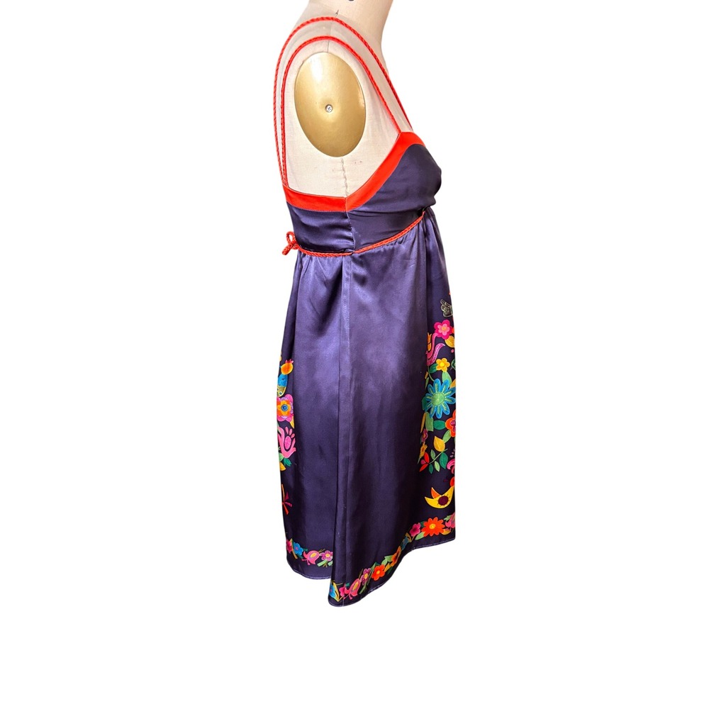Boho Floral Voom Joy Han 100% Silk Empire Waist Mini Dress S Navy Blue Vintage - Picture 3 of 12